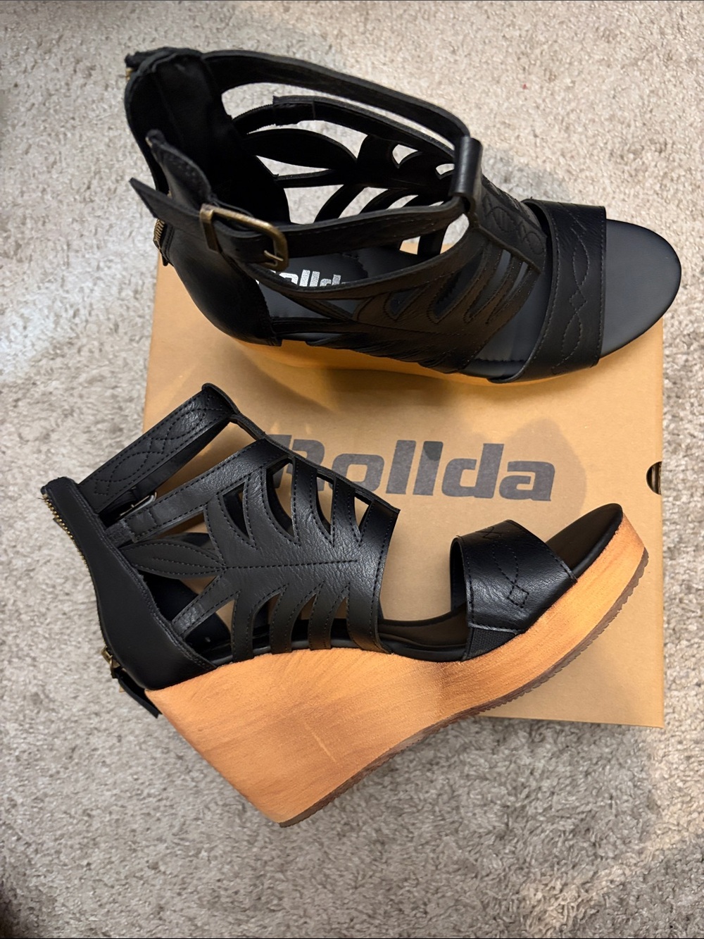 Rollda Black Leather Cutout Wedge Sandals with Wood-Effect Platform